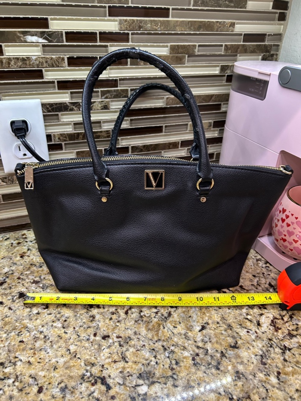 Black Victoria Secret Women's Tote Bag with Gold Accents